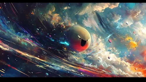Spherical character within turbulent multicolored sky field.