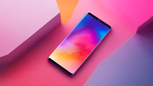 Sleek smartphone on colorful geometric background in modern style.
