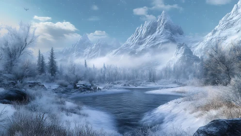 Frozen river beneath towering alpine peaks at dawn.