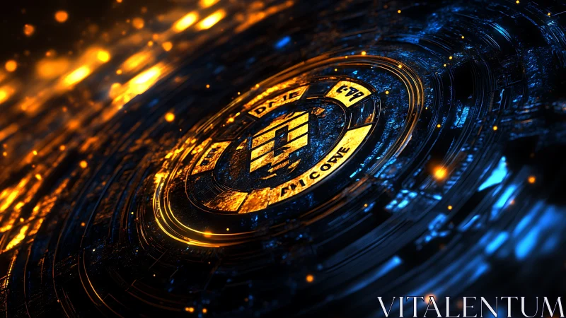 Glowing cyber coin spins within blue digital circuit halo.