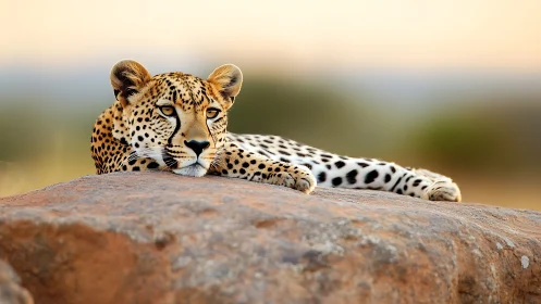 Sunlit cheetah rests calmly on warm African rocks at dusk