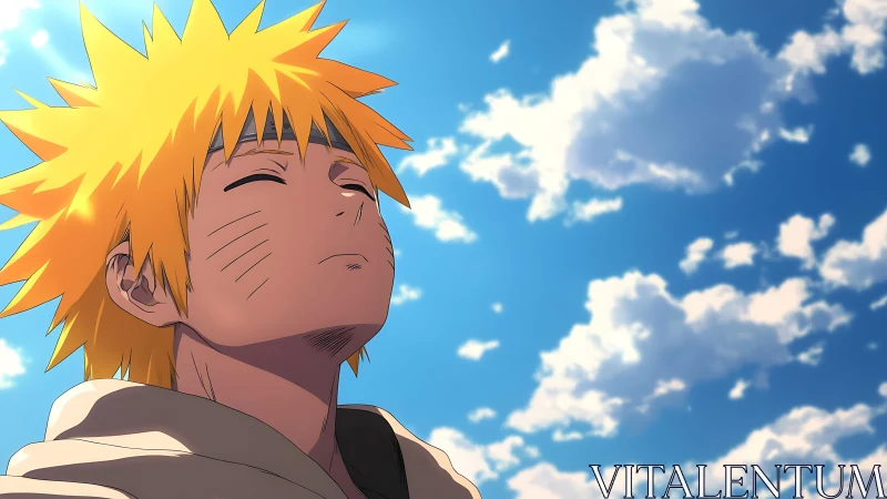 Sunlit dreamer closes his eyes beneath roaming summer clouds