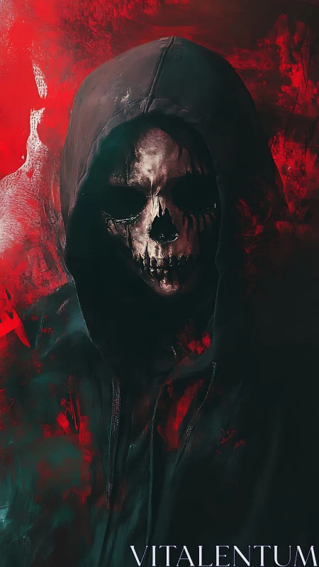 Hooded skeletal figure in red-black atmospheric digital painting