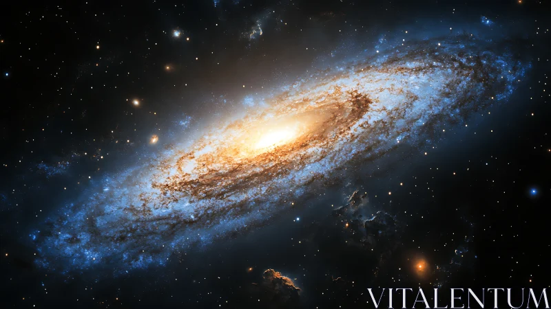 Edge-on spiral galaxy with bright core and blue star field.