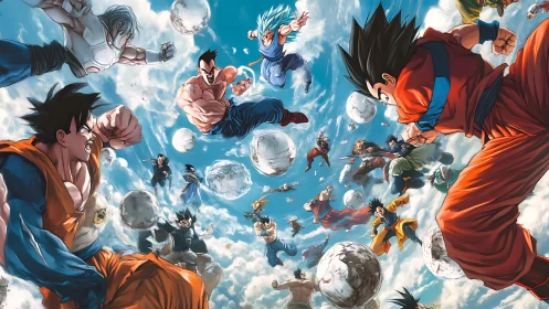 Skyward anime warriors locked in explosive aerial combat.