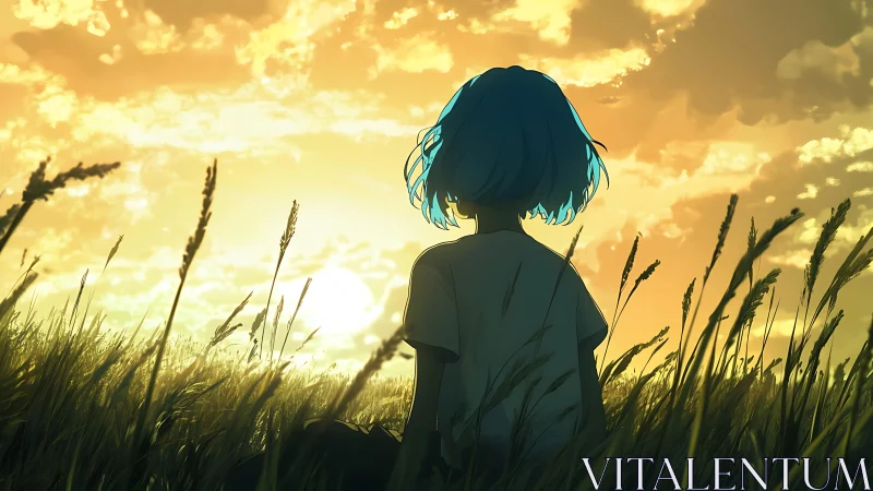 Solitary figure with blue hair watches sunset over wheat field