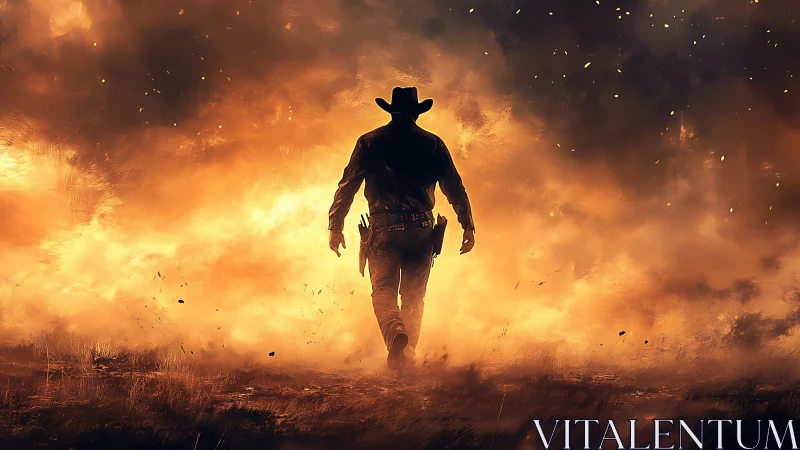Lone cowboy silhouette striding through blazing inferno.