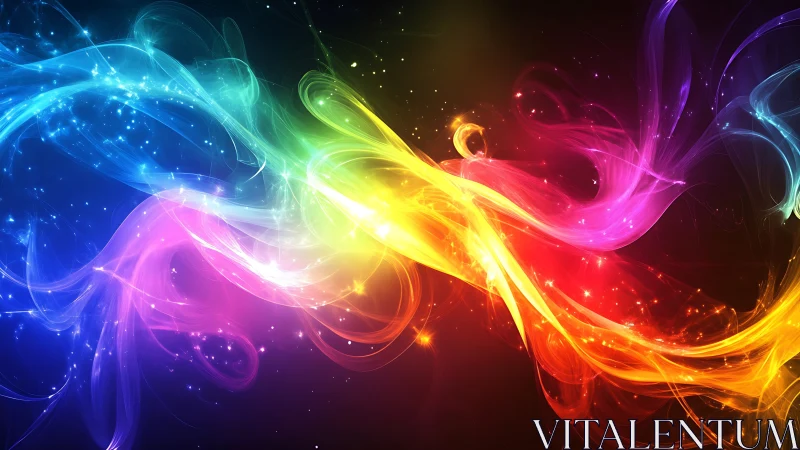 Multicolored luminous ribbons on dark digital background.