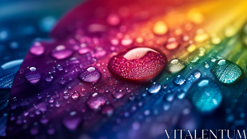 Glittering water droplets glow across a vivid rainbow field.