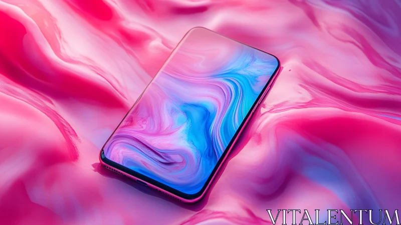 Modern smartphone on vibrant pink and blue abstract liquid background. Modern smartphone on vibrant pink and blue abstract liquid background.