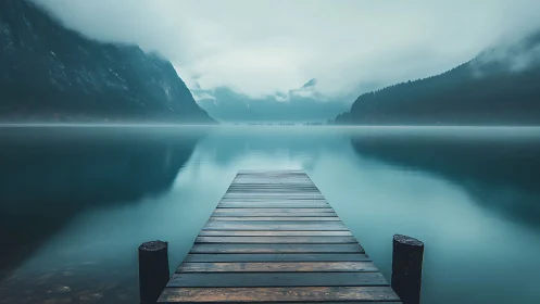 Foggy alpine lake with wooden pier and mirrored reflections