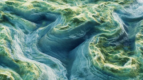 Textured turquoise seascape forming abstract tidal valleys.