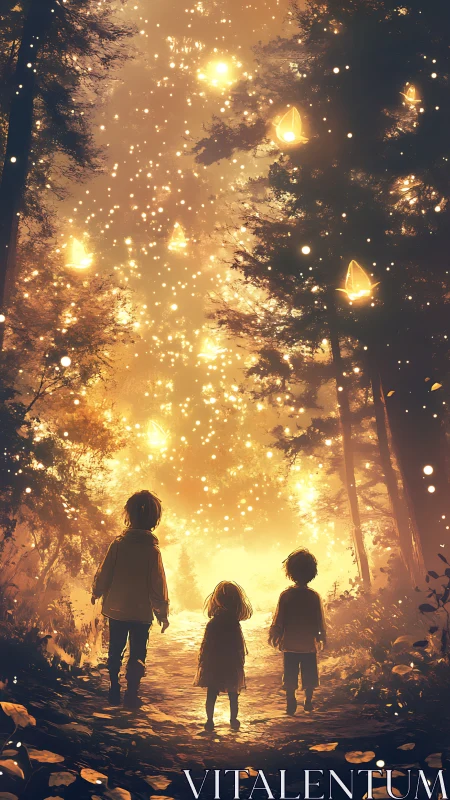 Three Children Walking Through Glowing Forest Path.