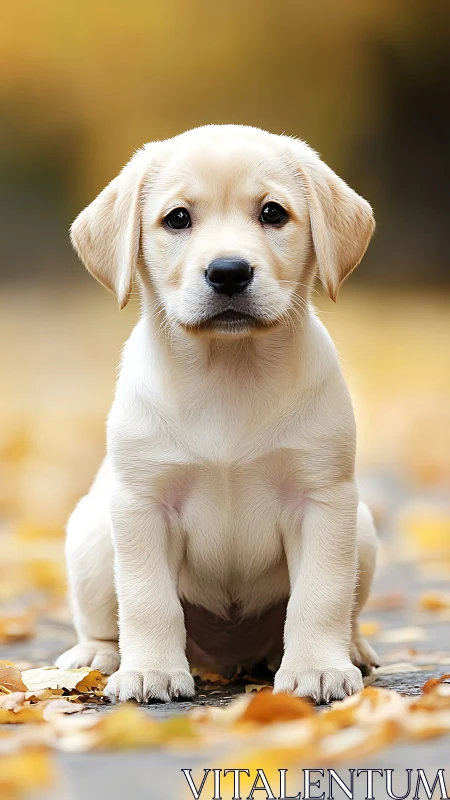 Yellow labrador puppy sitting on autumn leaf-covered path.