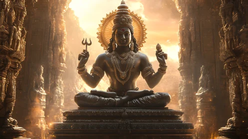 Divine seated deity statue in ornate golden temple light.