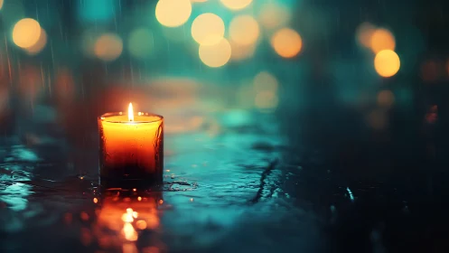 Solitary candle burns against rainfall on reflective pavement