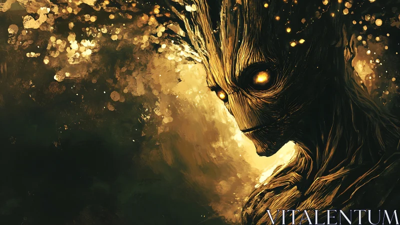 Wooden humanoid figure stands in glowing bokeh environment