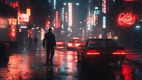 Lone figure in neon-lit rainy street with cinematic reflections.