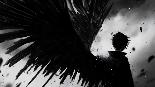 Dark-winged figure stands against stormy grayscale sky
