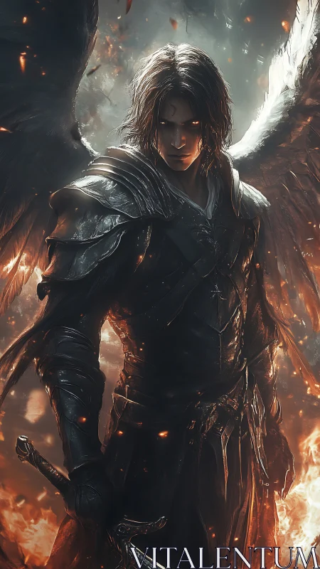 Fierce winged warrior stands in glowing embers and shadow