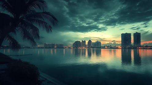 Coastal city skyline with palm silhouette at blue-green dusk.