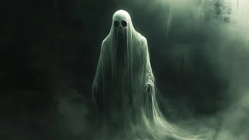 Ghostly wraith shrouded in tattered veils amid fog.