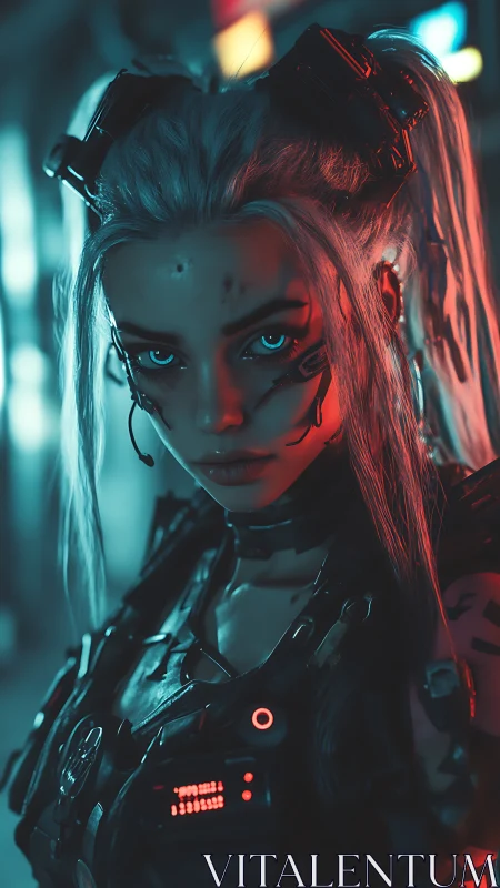 Cybernetic street operative in bicolor neon rim lighting portrait.