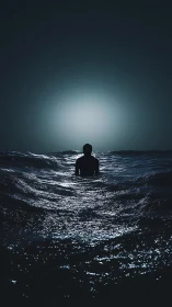 Solitary silhouette in moonlit midnight waves at sea.