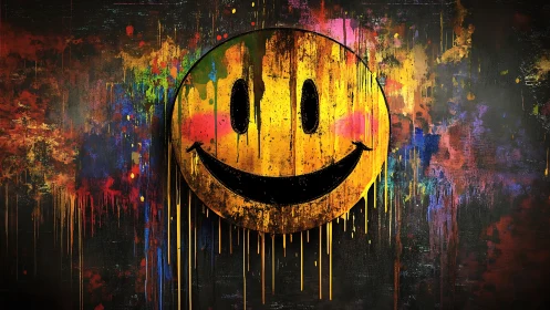 Grunge smiley face over vivid dripping graffiti field.