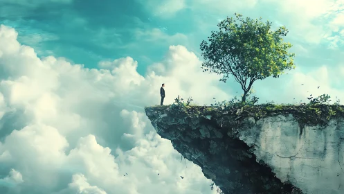 Solitary dreamer stands on a sky cliff beside a hopeful tree