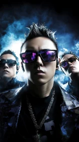 Electric trio strides forward in bold neon-lit confidence