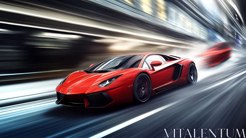 Red supercar slicing through neon city night streets.