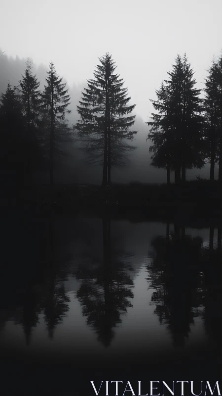 Silhouetted fir trees mirrored on a misty forest lake at dusk.