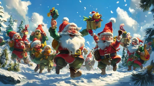 Dynamic procession of stylized Santa elves crossing sunlit snowfield