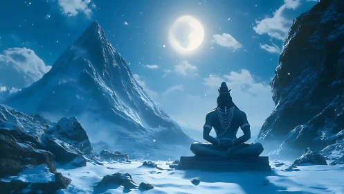 Lord Shiva meditates beneath a luminous full moon in Himalayas.