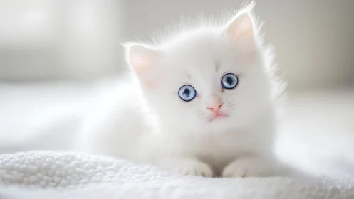 White Kitten with Blue Eyes on Soft White Fabric.