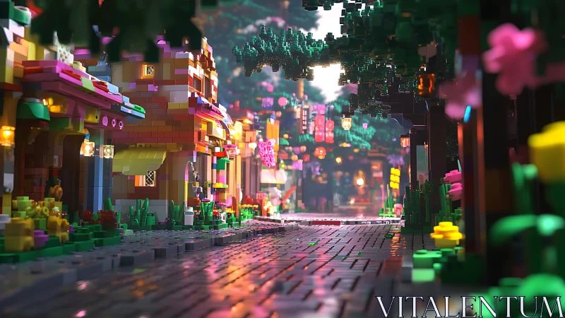 Brick-built street scene with shops and foliage at dusk.