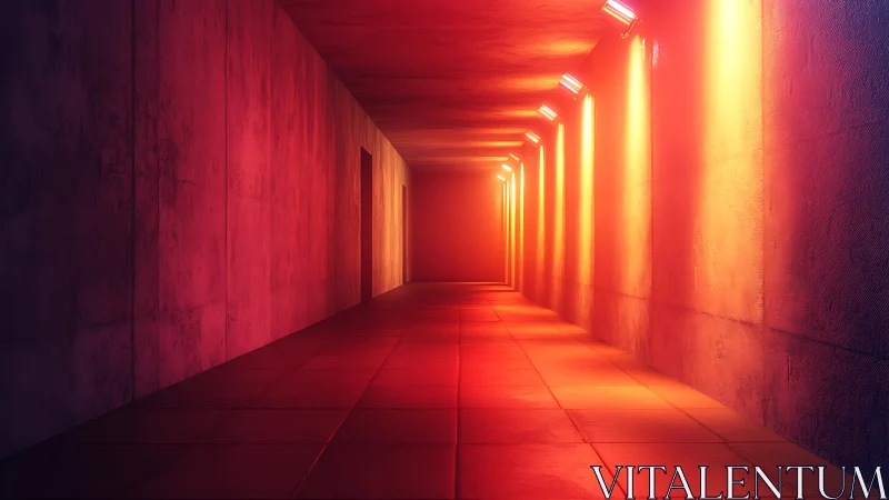 Neon lit concrete corridor with warm volumetric side lighting