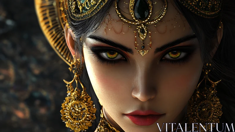 Regal sorceress portrait with jeweled golden headdress.