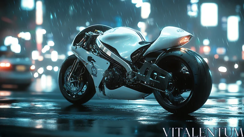 Futuristic white superbike gleams on rainy neon city street