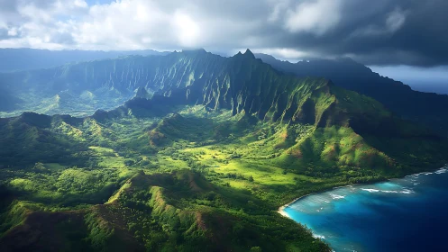 Kauai Pali Coast Aerial Panorama: Verdant Cliffs.