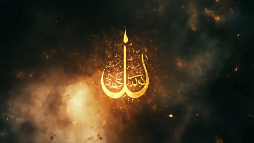 Islamic calligraphy emblem amid dark abstract backdrop.
