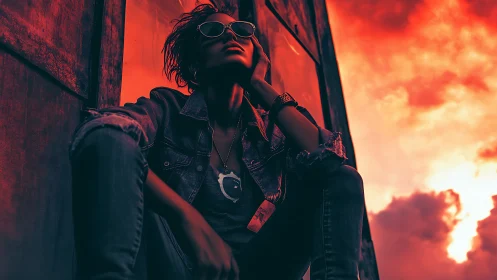 Silhouetted person in denim sits by metal panels at sunset