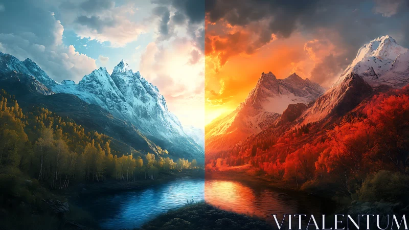Bipolar alpine landscape split into cool dawn and fiery dusk.