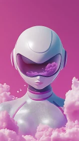 Chromed android pilot with visor cloud reflections in magenta haze