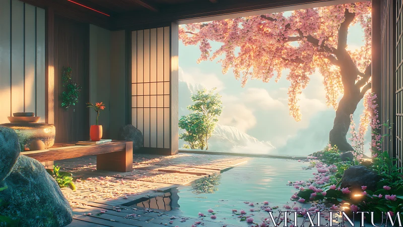 Rendered tatami room opens onto cherry tree and mountain view