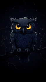 Midnight owl perches quietly, bottling starlight in its eyes