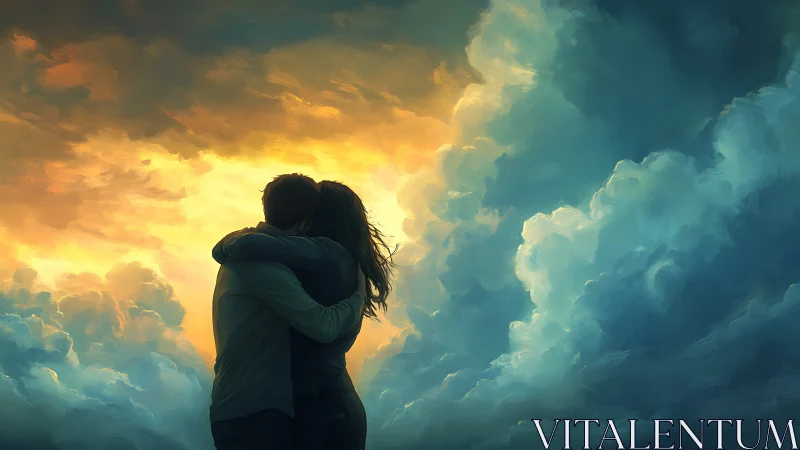 Silhouetted embrace beneath converging storm clouds.