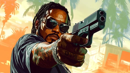 Man points handgun toward viewer in stylized city scene