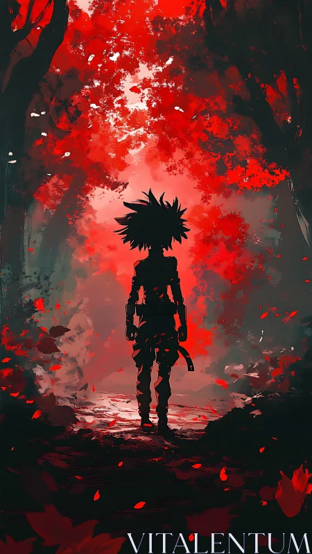 Silhouette of lone figure in dense red forest corridor.